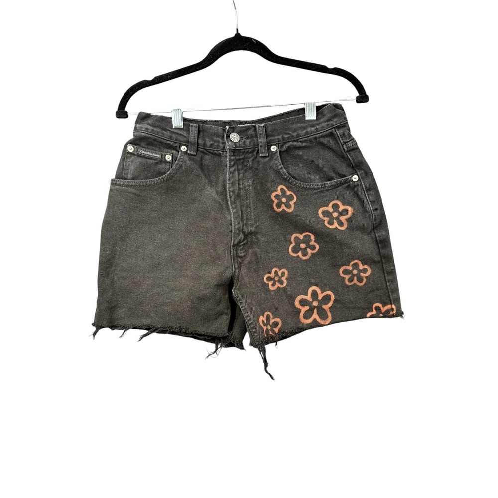 Calvin Klein Jeans Black Floral Denim Shorts Women's 29 Cut Off Festival Y2K